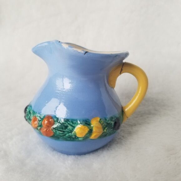 Vintage Italian Cream Pitcher and Mini Bowl Floral 3D Ornament Hand Painted - Picture 4 of 10